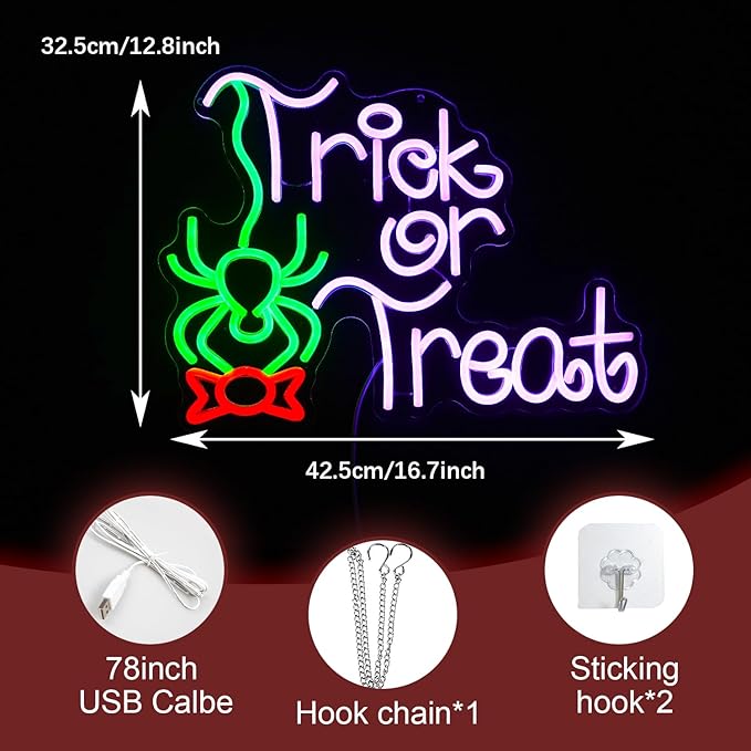 Trick Or Treat Neon Sign Funny Spider Candy LED Neon Light for Wall Decor Dimmable USB Halloween Light Up Sign for Halloween Party Home Neon Decor (16.7 * 12.8In)