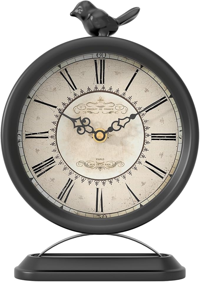 Vintage Table Clock with Bird, European Antique Style Black Mantel Clocks, Desk and Shelf Decor Clock, for Farmhouse, Bedside, Living Room, Bedroom, Gift (9" H x 6.5" W)