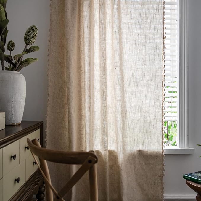 Sutuo Home Boho Curtain 63 Inches Long for Bedroom, Natural Linen Look Textured Burlap Rod Pocket Chic Semi Blackout Bohemian Handmade Tassels Window Treatment for Living Room, 1 Panel 59" W x 63" L