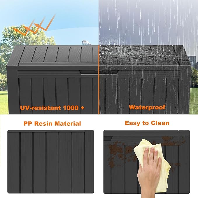 80 Gallon Resin Deck Box, Lockable Outdoor Storage Box for Patio Cushions Storage Furniture,Garden Tools, Pool Supplies, Weatherproof and UV Resistant- Black (80 Gallon)