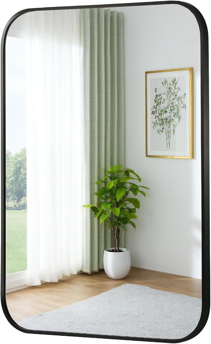 FARMER 24x32 Inch Black Bathroom Mirror, Rectangle Vanity Mirror, Brushed Mirrors for Wall, Metal Frame Hanging Mirror with Round Corner for Bedrooms, Entryways, Living Rooms, Horizontal/Vertical