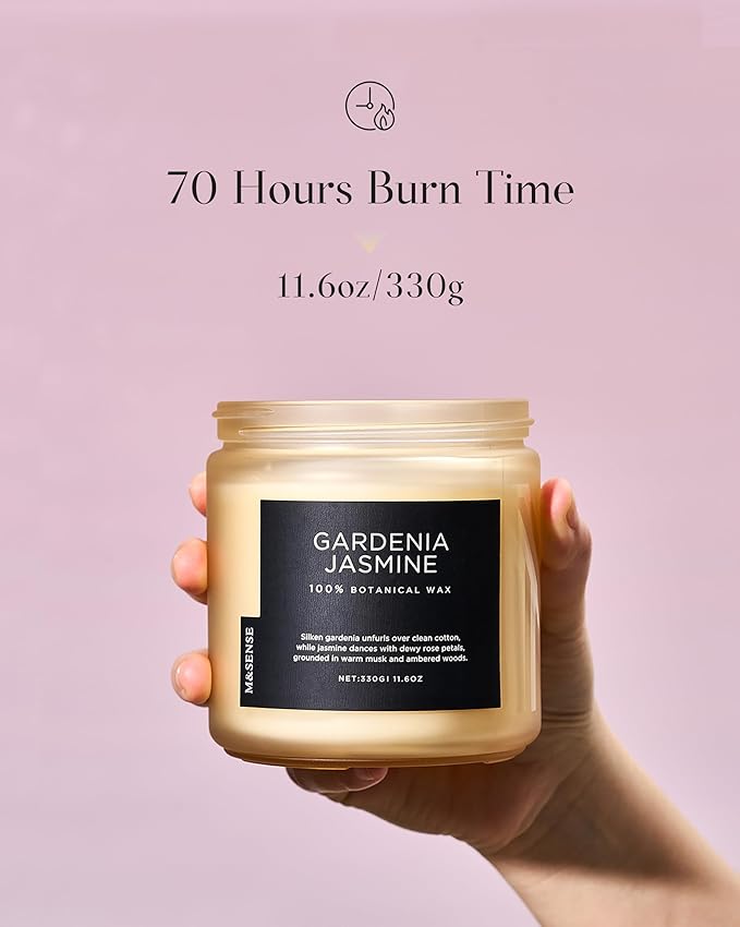 M&SENSE Gardenia Jasmine Scented Candle - 11.6oz Natural Soy Wax Clean Non Toxic 70-Hour Burn, 2-Wick Aromatherapy Candle for Bath & Office - Highly Scented Housewarming Gift for Mom Teacher Friends