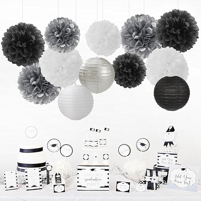 Black White Silver Party-Decorations Paper Flowers Lanterns - 15PCS Birthday Halloween Wedding Tissue Pom Poms Streamers, Halloween Prom Baby Shower Bachelorette Hanging Supplies Decor Hugfond