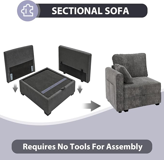 mestyl Modular Sectional Sofa Convertible L Shaped Sofa Couch Set with Storage for Living Room, Modern 3 Seater Modular Sectional Couch with Movable Ottoman (Grey)