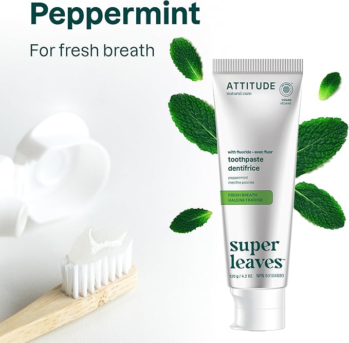 ATTITUDE Fresh Breath Toothpaste with Fluoride, Peppermint Flavor, Vegan & Cruelty-Free, Sugar-Free, Plant & Mineral-Based Ingredients, Clean Oral Care, 4.2 Oz
