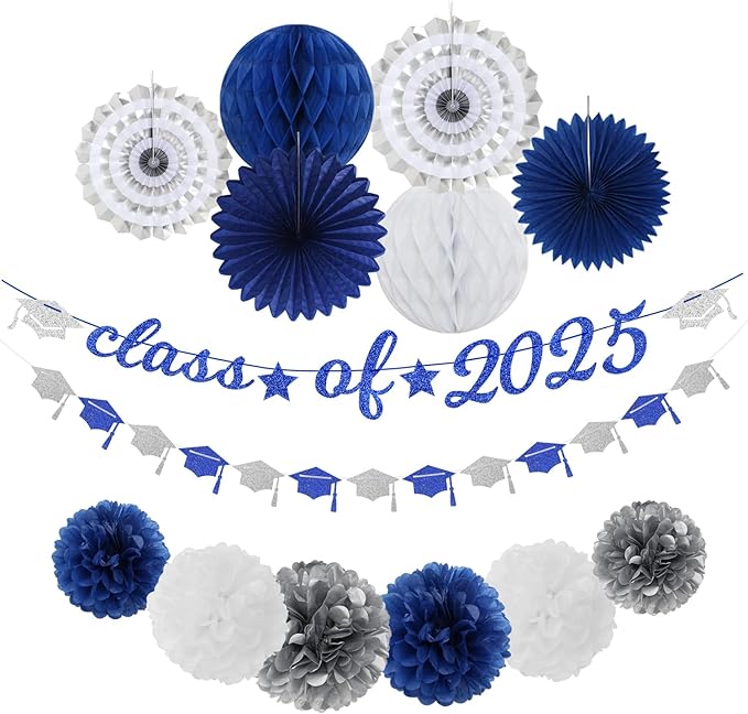 Navy-Blue White-Silver Party-Decoration Graduation Banner - 14pcs Kits Cap Garland Streamers, Royal Paper Tissue Pom Poms Flowers Fans Honeycomb,Class Of 2025 College High School Grad Decor Hugfond