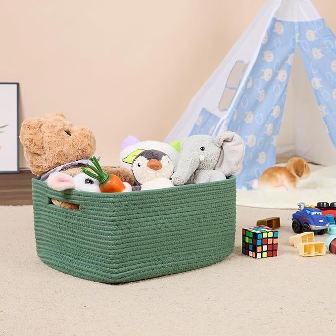 Large Storage Baskets for Shelves, Closet Organizers Bins for Clothes Blanket Towels, Baby Nursery, Toy Baskets Box, Woven Rope Baskets, 17 x 13 x 7.5”, 3 Packs Green