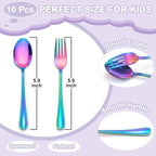 E-far 10-Piece Rainbow Toddler Utensils, Kid Stainless Steel Silverware Set, Children Safe Forks and Spoons Set for Self Feeding, Healthy & Non-Toxic, Mirror Polished & Easy to Clean