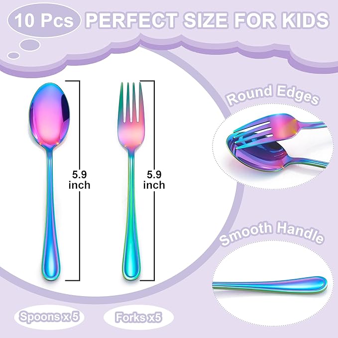 E-far 10-Piece Rainbow Toddler Utensils, Kid Stainless Steel Silverware Set, Children Safe Forks and Spoons Set for Self Feeding, Healthy & Non-Toxic, Mirror Polished & Easy to Clean