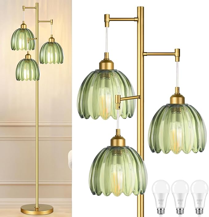 Gold Floor Lamp for Living Room,Bedroom,Mid Century Modern Standing Lamp Brass Tree 3 Light Tall Floor Lamps Vintage Retro Floor Lights Glass Green Flower Lamp Shade Farmhouse Boho Bohemian