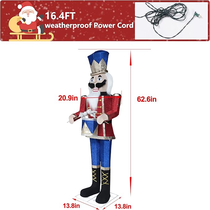 5FT Lighted Nutcracker with Drum for Christmas Decoration, Pre-Lit 3D Iridescent Soldier Xmas Decor with 100 Warm White Lights, Glittered Standing Holiday Display for Outdoor, Indoor