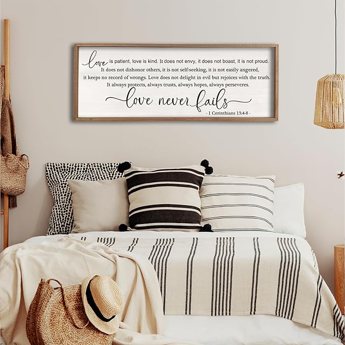 flowtorely Love is Patient, Kind Wall Art Decor 40"X15" Sign 1 Corinthians 13 Bedroom Above Bed Wall Decor Large Bible Verse Quote Scripture Christianity Hanging Sign (Wood)