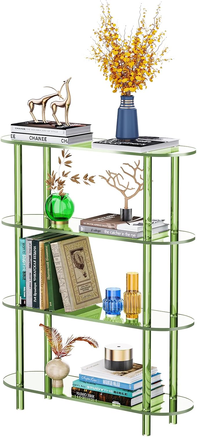 Clear Bookshelf, Acrylic Bookcase with Open Book Shelf Console Table for Entryway Office (4 Tier Green)