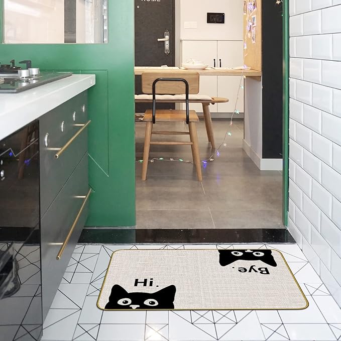 Mingnei Hi Bye Cat Welcome Doormat - Door Mat for Home Kitchen Entrance, Funny Black Cat Lover Floor Mat for Indoor/Outdoor Entryway Rug 30x17 (Color1)
