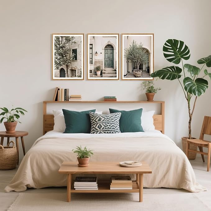 HPNIUB Large Vintage Italy City Landscape Framed Canvas Wall Art Set, Olive Green Tree Country Wall Decor, Modern Minimalist Countryside Villages Picture for Living Room,Bedroom,Office-16 x24 x3