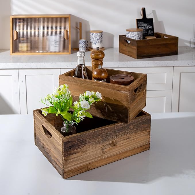 TIMRIS Set of 3 Rustic Distressed Wood Nesting Crates, Farmhouse Decorative Wooden Storage Boxes, Vintage Reclaimed Wood Baskets for Display (Natural)