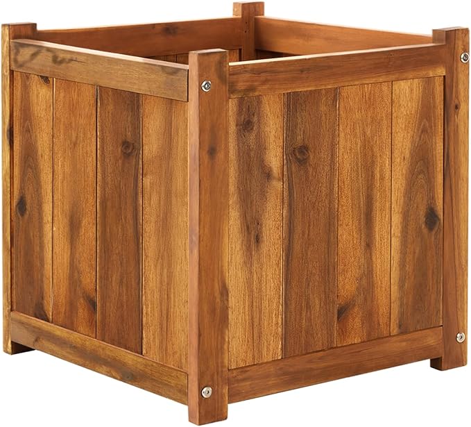 IDZO Acacia Wood Flower Planter Box for Outdoor Plants, 1pc Wooden Raised Garden Bed with Handles, Drainage Holes, Ideal for Garden and Home Décor, Light Cherry