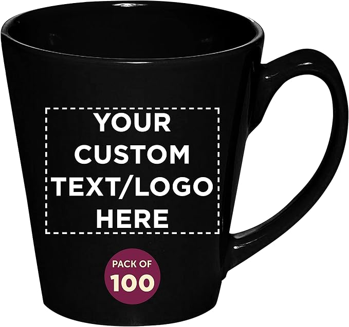 DISCOUNT PROMOS Custom Glossy Ceramic Latte Coffee Mug 12 oz. Set of 100, Personalized Bulk Pack - Perfect for Tea, Espresso, Cappuccino, Hot Cocoa - Black