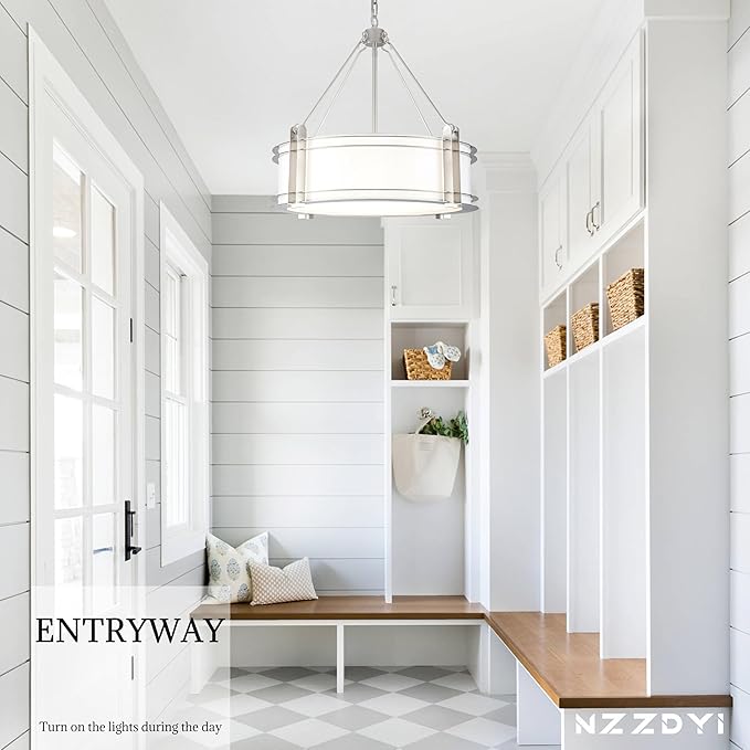 20.4''Drum Chandelier,5-Light Brushed Nickel Modern White Fabric Chandeliers,Farmhouse Round Pendant Light Fixture for Dining Room Kitchen Island Living Room Bedroom Hallway