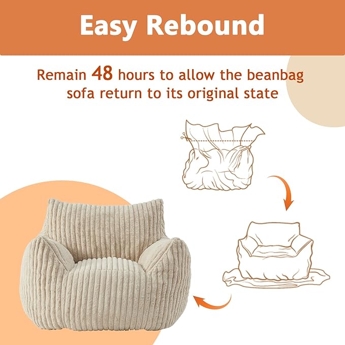 Giant Bean Bag Chairs for Adults with Filling Plush Fluffy Bean Bag Chairs for Teens with Armrests Comfy BeanBag Lazy Couch Sofa Chair for Bedroom Living Room Reading