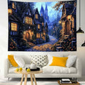 LB Vintage Castle Tapestry, Night Street Old House and Green Tree Wall Tapestry for Bedroom Aesthetic, Village Gothic Wall Art for Living Room Dorm Home Decor Ready to Hanging, 60 x 40 Inches