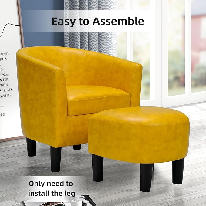 INZOY Modern Accent Chair with Ottoman for Small Space, Club Chair with Ottoman Set, Comfy PU Leather Barrel Reading Chairs for Living Room Bedroom, Round Reading Chair with Foot Rest, Yellow