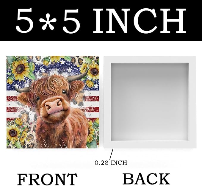 Cute Highland Cow Patriotic Baby Decor, Highland Cow Sunflower Decor, Wooden Box Decor Sign for Home Farmhouse Office Living Room Table Shelf