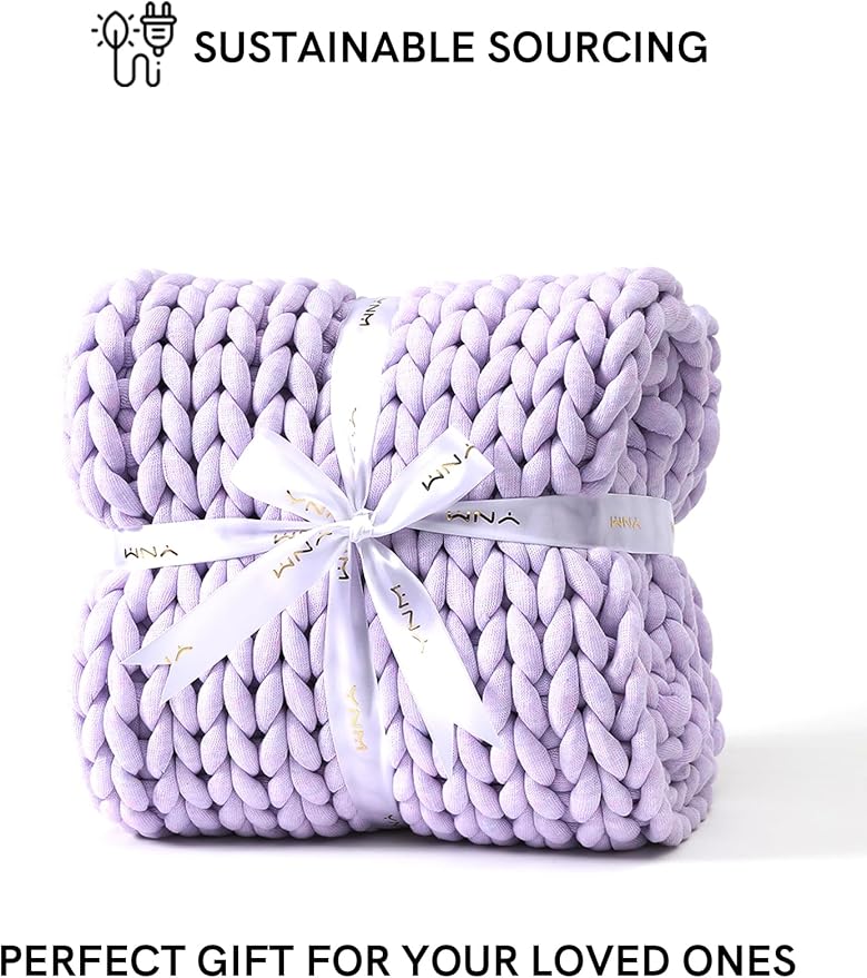 YnM Chunky Throw Blanket, Medium-Weight, Hand Knitted, Skin Friendly, Ventilated and Breathable, Machine Washable, Home Décor Piece for Couch, Sofa and Bed (Iris Lavender, 80x87 Inch)