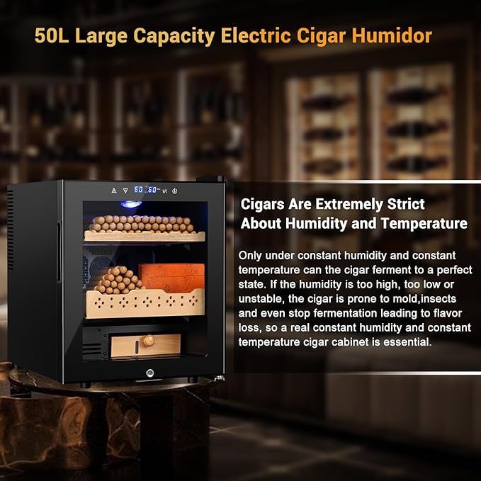 Electric Humidor for Cigars, 50L 300 Counts Large Capacity, Thermostatic Electric Cigar Cooler Cabinet with Spanish Cedar Wood Shelves, Digital LED Screen, Smart Humidity & Temp Control, Gifts for Men