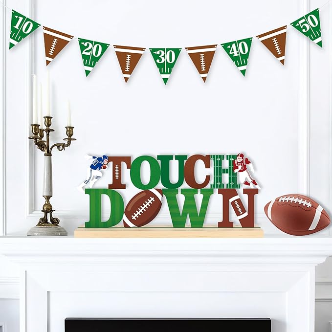 COCHIE Metal Football Touchdown Sign, Green Super Football Bowl Game Tailgate Party Decorations for Home, Office, Shelf, Mantel, Indoor, Touch Down Table Toppers Decor (Superbowl)