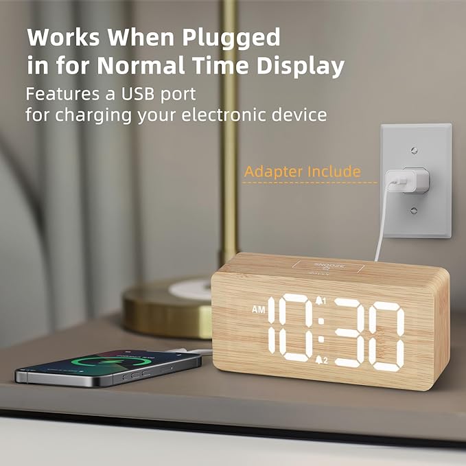 uscce Wooden Digital Alarm Clocks for Bedrooms: Dimmable Dual Alarm Clock with Large Numbers for Bedside Desk - Loud Alarm for Heavy Sleepers with Volume Control - Wood Decor & Gifts