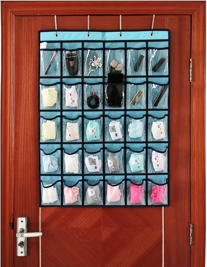 Classroom Pocket Chart for Phone Calculator Holder Over The Door Hanging Closet Jewelry Organizer with 30 Clear Pockets (Blue)