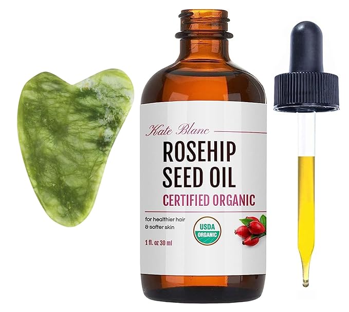 Kate Blanc Cosmetics Rosehip Oil for Face with Jade Gua Sha Stone (1oz, Organic, Pure, Cold Pressed) Rosehip Seed Face Oil for Gua Sha Massage