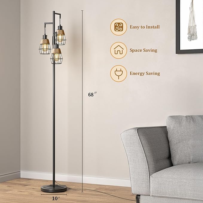 Oneach 68" Floor Lamps for Living Room, Stepless Dimmable Boho Floor Lamp with 3 Bulbs, Tall Farmhouse Industrial Corner Standing Tree Lamp for Bedroom, Office, Study Room, Dining Room, Black