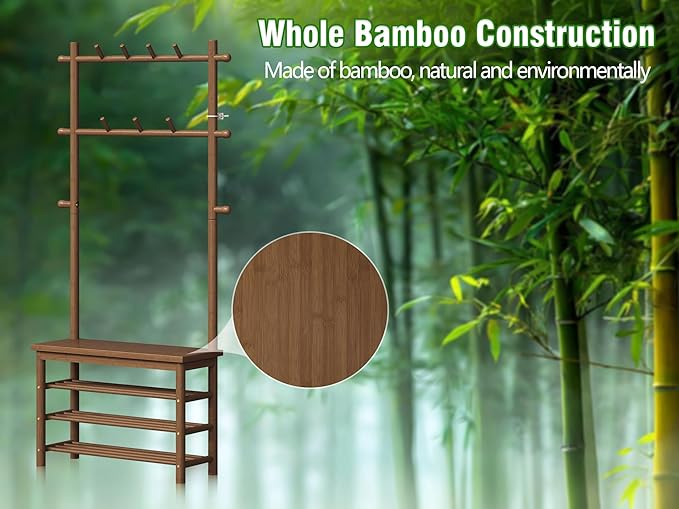 Bamboo Hall Tree with 13 Hook, 6-in-1 Entryway Bench with Coat Rack Freestanding, Coat Rack with Shoe Storage Bench Organizer for Mudroom, Bedroom, All-in-One Shoe Rack,Walnut