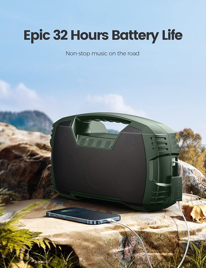 IPX7 Waterproof Bluetooth Speaker, 40W (60W Peak) Portable Wireless Speakers, 32H Playtime, Stereo Loud Sound, Deep Bass, Bluetooth 5.0, Built-in Mic for Camping, Party, Outdoor, Gifts, Beach-Green
