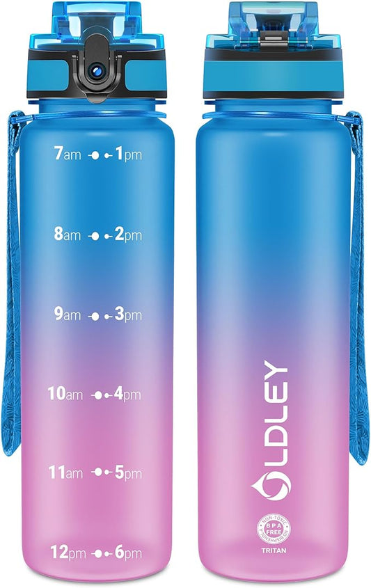 OLDLEY 32 oz Water Bottle, Motivational Water Bottle with Time Marker, Sports Water Bottle With Strap, Leakproof & BPA Free Large Water Bottles for School, Gym, Travel, Outdoor, Tritan,Blue&Purple