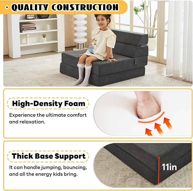 jela Foldable Sofa Bed Large Soft Foam Convertible Sleeper Chair Luxury Miss Fabric Fold Out Chair Bed Floor Couch with Back Support Floor Sofa for Living Room Bedroom (83"x33",Dark Gray)