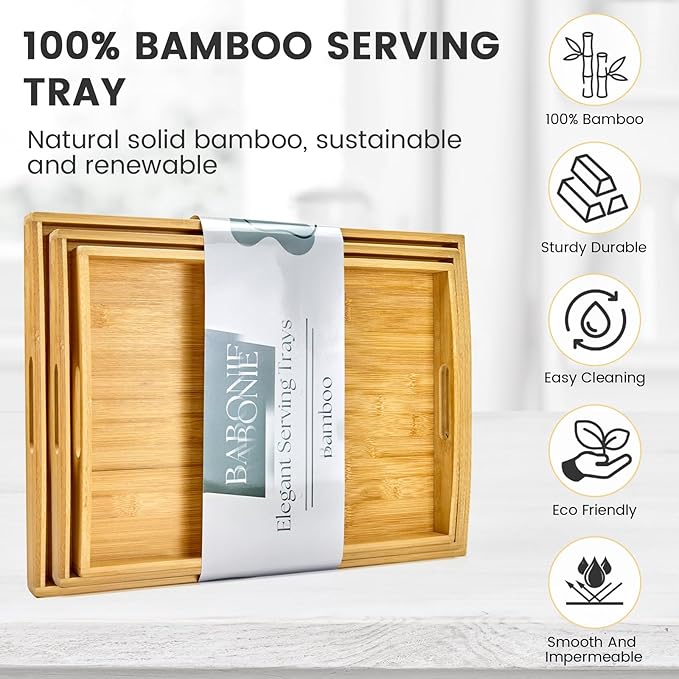 Bamboo Serving Tray with Handles Set of 3 - Decorative Wooden Trays for Eating, Working, and Storing, Suitable for Use in Bedroom, Living Room, Kitchen, Bathroom, Outdoor Scenarios and More