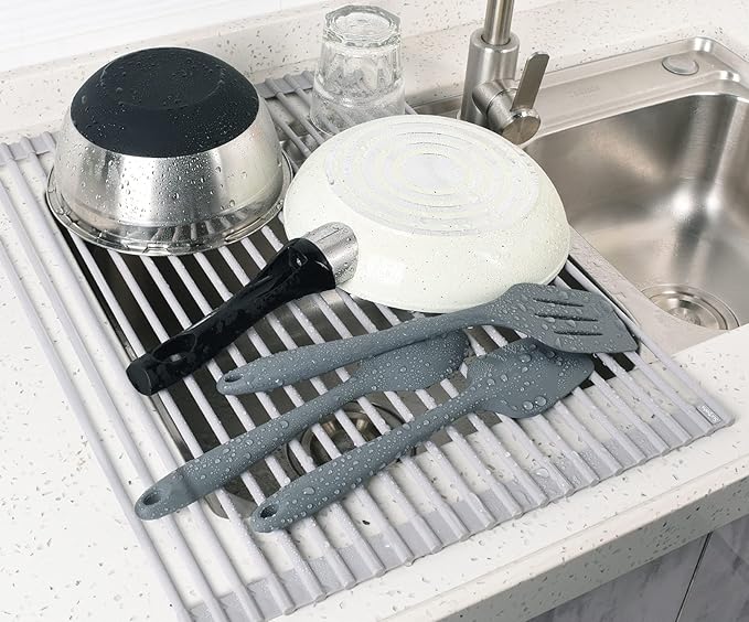 Surpahs Over Sink Foldable Multipurpose Roll-Up Dish Drying Rack, Silicone Wrapped Stainless Steel, Warm Gray, 20.5" x 15.5"