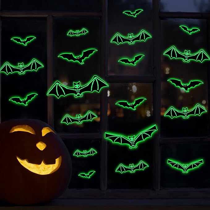 3 Sheets Glow in The Dark Halloween Skeleton Bat Decals Luminous Halloween Skeleton Bat Stickers Removable Bat Wall Decor Glowing Window Clings for Scary Halloween Theme Party Decorations