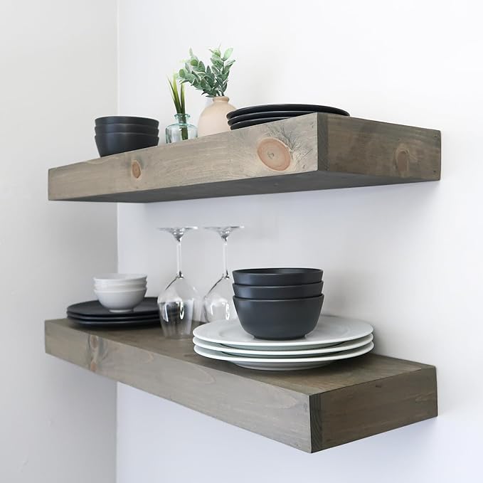 Modern Floating Shelves 3 Inches Thick for Wall, Wide Shelves for Kitchen, Living Room, Bedroom, and Bathroom, Natural Pine Wood, Rustic Wooden Shelf, (Set of 2) (Aged Barrel, 48Lx3Hx6D)