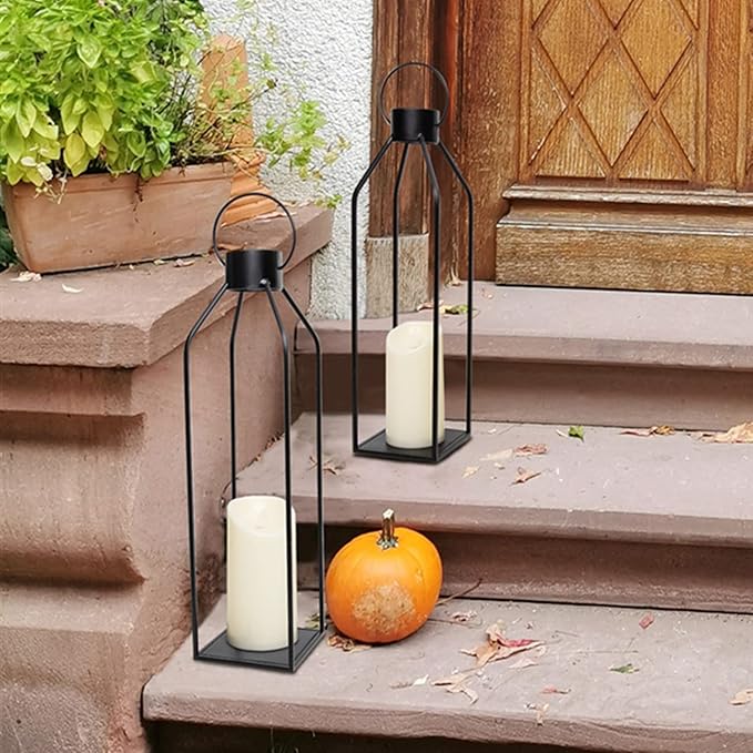 HPC Decor 22'' 19'' Lanterns Decorative w/ Flickering Timer Candles- Large Tall Black Metal Candle Lanterns Set of 2- Modern Farmhouse Decor for Indoor,Outdoor,Tabletop,Porch (No Glass)