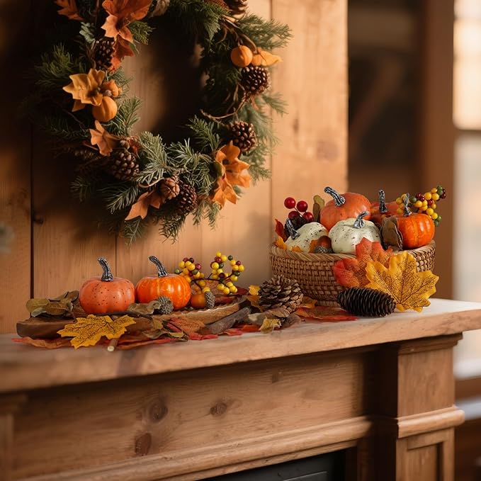 Artmag 51 PCS Artificial Pumpkins, Fall Harvest Decorations with Acorns, Pinecones, Berries, Maple Leaves for Farmhouse Fall Thansgiving Halloween Decor Decoration