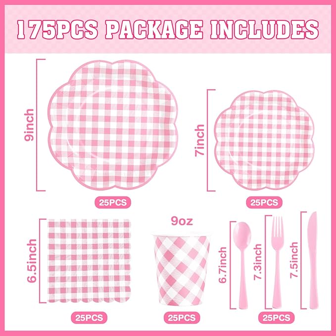 175 Pcs Pink Gingham Plates and Napkins Party Supplies - Pink and White Checkered Plates Sets Serve 25 Guests - Scalloped Gingham Paper Plate for Birthday Wedding Picnic Party Decorations