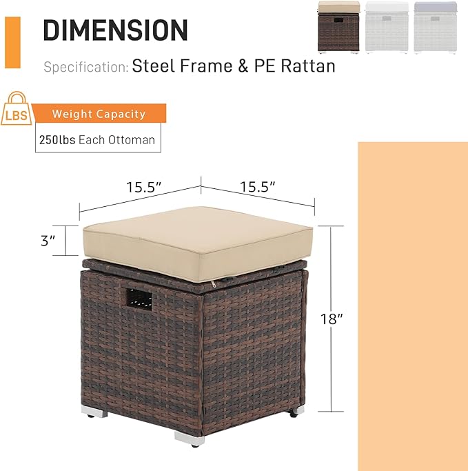 Patiorama 2 Piece Outdoor Patio Ottomans, All-Weather Brown PE Rattan Wicker Ottoman with Storage, Outdoor Footrest Footstool Seat w/Thick Cushion, Built-in Handle for Backyard Poolside Porch (Beige)