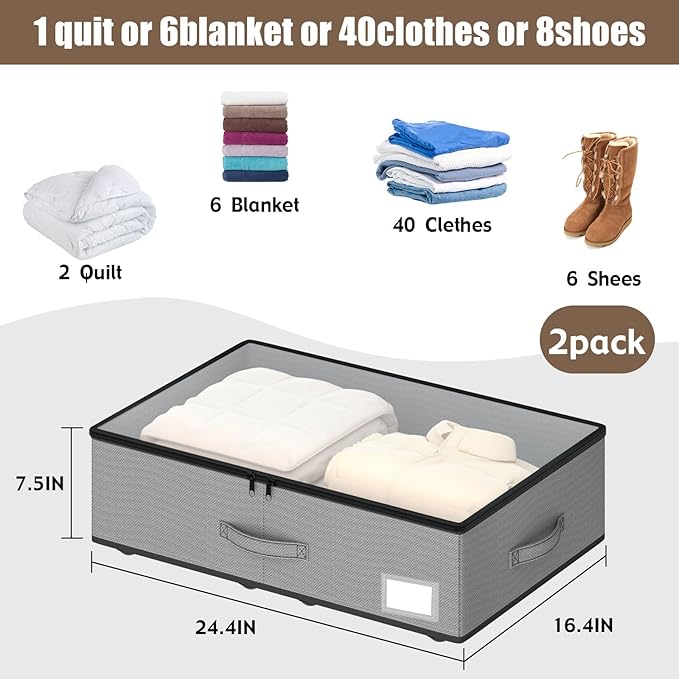Under Bed Storage with Wheels, No Assemble Required 7.5 inches height Under Bed Storage bins,Large capacity Rolling Under bed Shoe Storage containers，dorm under bed storage drawers