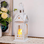 TRIROCKS Rustic Style Metal Candle Lantern 12'' High Decorative Outdoor Lantern Candle Holder with Tempered Glass House Shape for Home Living Room Garden Patio Parties Indoors Outdoors (White)