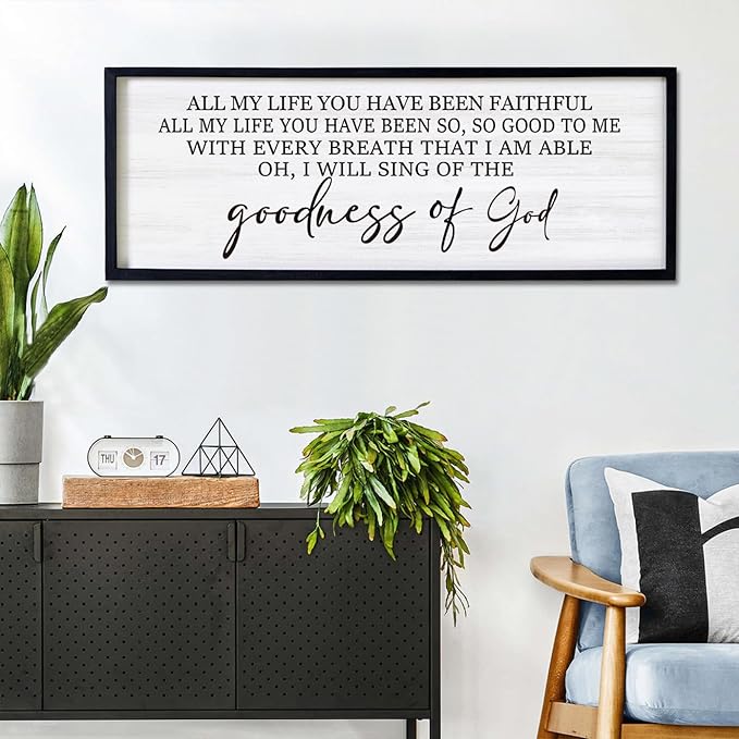 Goodness of God Framed Wall Art, 40''×15'' Positive Religious Black Bible Verse for Christian God Jesus Christ Prayer, Vintage Rustic Long Holy Catholic Scripture Decor