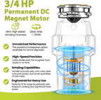 DC Garbage Disposal 3/4 HP Quiet (60dB) with Cord & Dishwasher Hookup for Kitchen Sink Food Waste, 6-Stage Grinding, 3-Bolt, 2700RPM, Continuous Feed, Titanium Stainless Steel, 10-Year Warranty